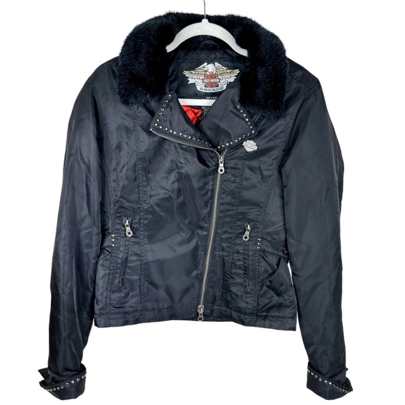 Harley-Davidson Jackets & Blazers - Harley Davidson Women’s Nylon Motorcycle Biker Jacket Black Cropped Small Fur